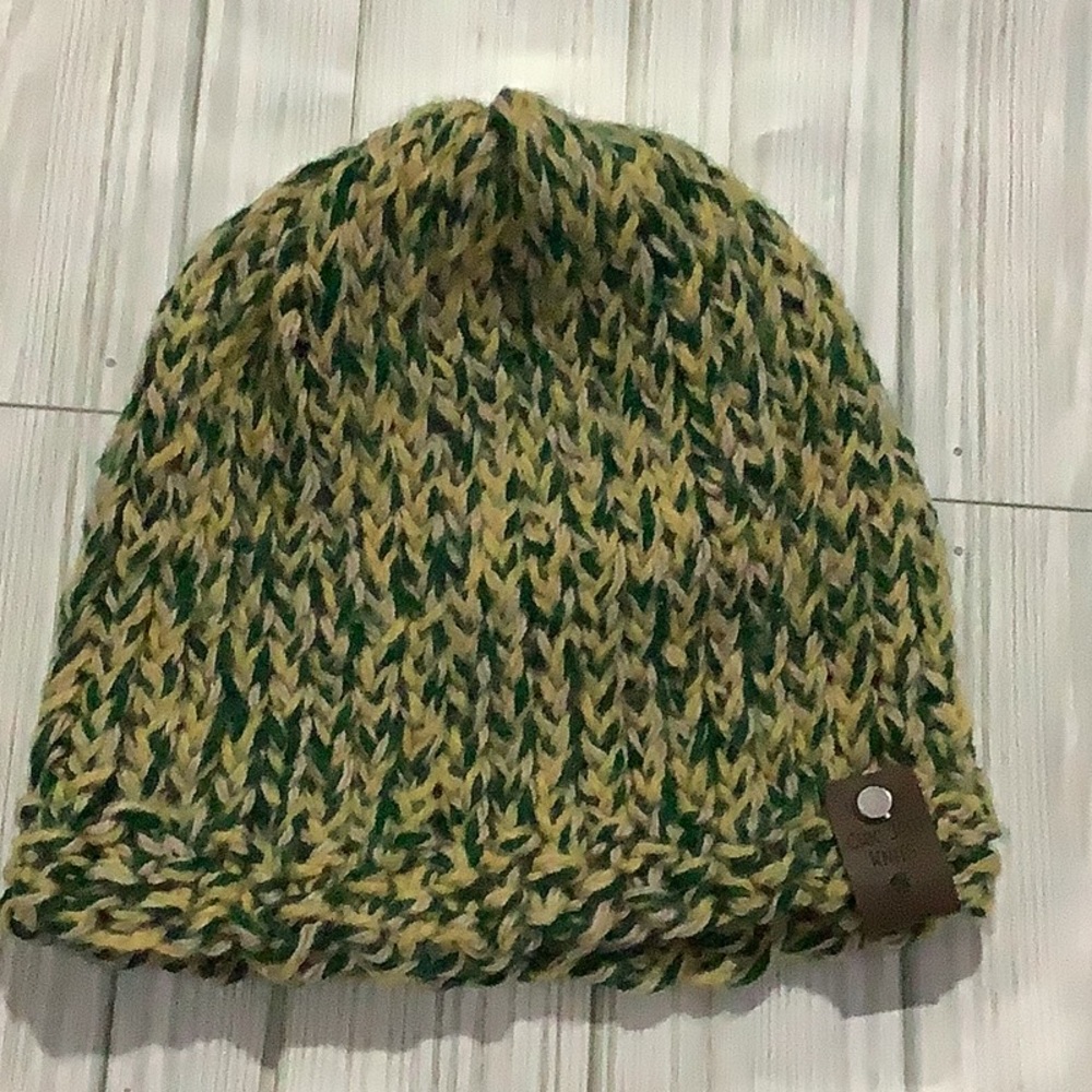 Handmade knitted green brown winter hat